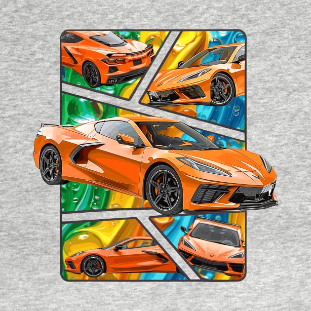 Multiple Angles of the Orange C8 Corvette Presented In A Bold Vibrant Panel Art Display Supercar Sports Car Racecar Amplify Orange Corvette C8 by Tees 4 Thee